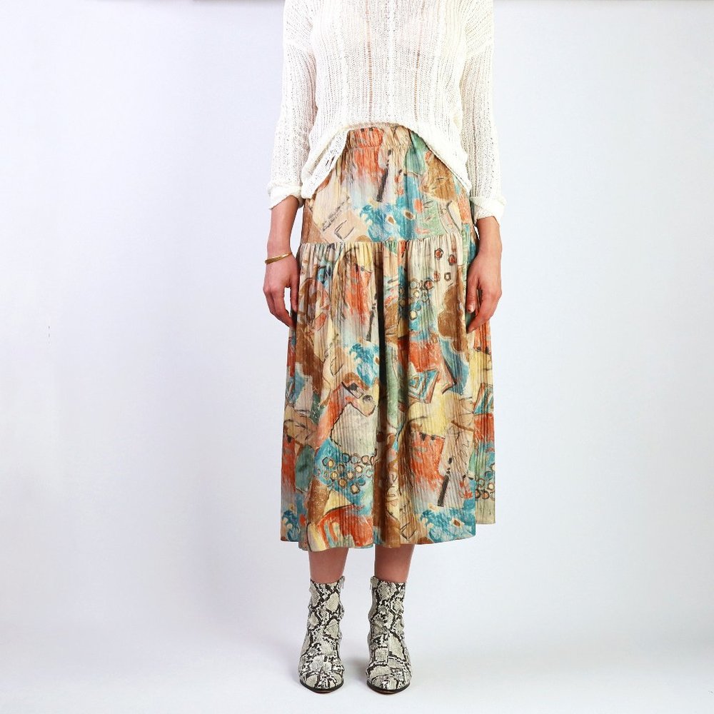 Vintage 80’s High Rise Skirt L Art Deco Micro Pleated Tiered Retro Peasant Midi